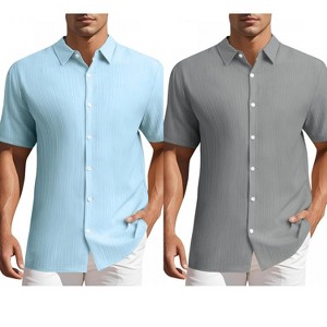 INSPIRE CHIC Men's Summer Point Collar Short Sleeves Button Down Linen Shirts 2 Packs - 1 of 4