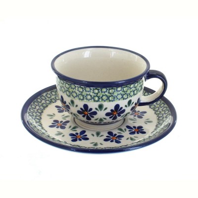 Blue Rose Polish Pottery Mosaic Flower Cup & Saucer