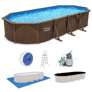 Bestway Hydrium 24' x 12' x 52" Oval Above Ground Swimming Pool Set Outdooor Steel Wall Family Pool with Sand Filter, Ladder, & Cover, Brown Woodgrain - 1 of 4