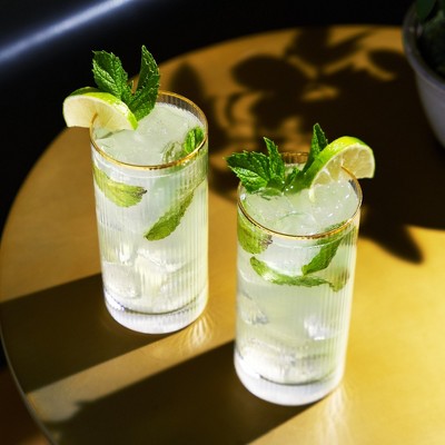 Gold Rimmed Clear Rippled Highball Glasses Set of 2, 15oz