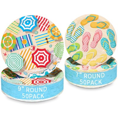 DYLIVeS Summer Beach Party Plates,100 Pack Hawaiian Beach Umbrella Paper Dinner Plates Flip Flops Dessert Plates Disposable Birthday Party Decorations