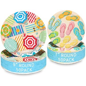 DYLIVeS Summer Beach Party Plates,100 Pack Hawaiian Beach Umbrella Paper Dinner Plates Flip Flops Dessert Plates Disposable Birthday Party Decorations - 1 of 4