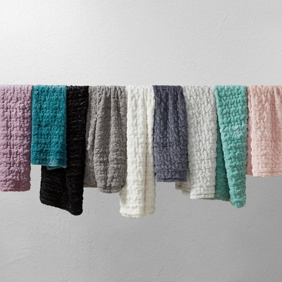 Aqua Ruched Faux Fur Reversible Throw Blanket 50x60"