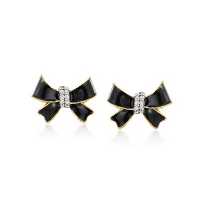 Ross-Simons Black Enamel Bow Earrings With Diamonds in 18kt Gold Over Sterling