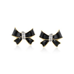 Ross-Simons Black Enamel Bow Earrings With Diamonds in 18kt Gold Over Sterling - 1 of 3