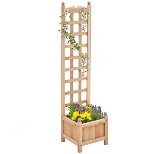 Wooden Raised Garden Bed with Trellis, Outdoor Planter Box with Drainage Crevices for Climbing Vine Plants Flowers - 1 of 4