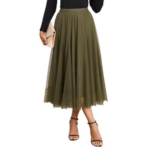 Women's Tulle Layered A-Line Skirt - High Waist Flowy Long Tutu for Date Night & Fall Fashion Green - 1 of 4