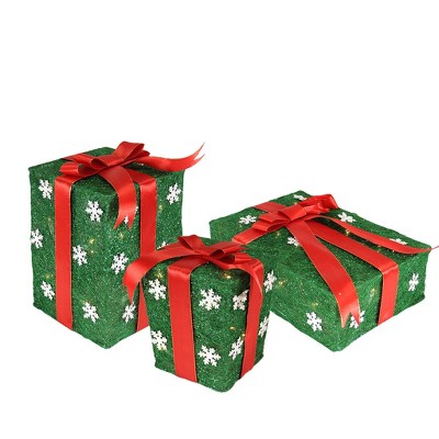 Northlight Set of 3 Pre-Lit Green and Red Gift Boxes Outdoor Christmas Decorations 13"