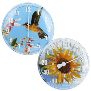 Swim Central Sunflower and Hummingbird Outdoor Thermometer and Wall Clock Set - 12" - 1 of 4