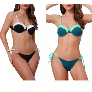 INSPIRE CHIC Women's Contrast Color Ribbed Triangle Bottom Swimwear Bathing Bikini Suits 2 Sets - 1 of 4
