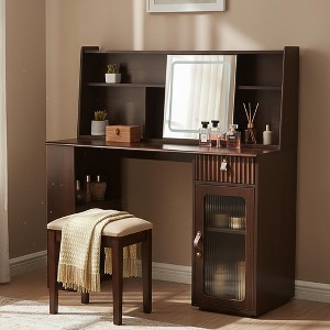 Makeup Vanity Desk with Stool, Vanity Table Dressing Table with 3-Mode Lighted Mirror, Storage Shelves, Drawers & Canbinet, Walnut-ModernLuxe - 1 of 4