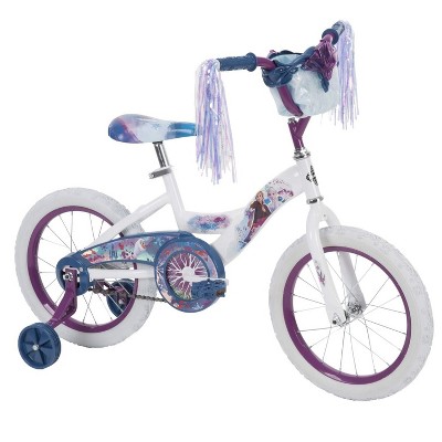 Huffy Frozen 2 16-Inch Kids Toddler Boys and Girls Ages 4-8 Training Wheel Coaster Bike Bicycle with Handlebar Bag and Streamers, Purple