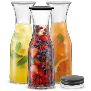 JoyJolt Hali Glass Carafe Bottle Water or Juice Pitcher with 6 Lids - 35 oz - Set of 3 - 1 of 4