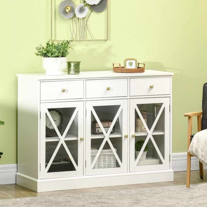 HOMCOM 45" Farmhouse Style Kitchen Sideboard, Serving Buffet Cabinet, Storage Cupboard with Glass Doors and 3 Drawers, White, 2 of 7