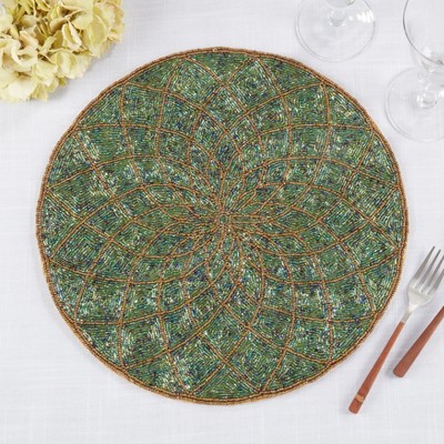 Teal and Gold Beaded Glass Round Placemats, Set of 4