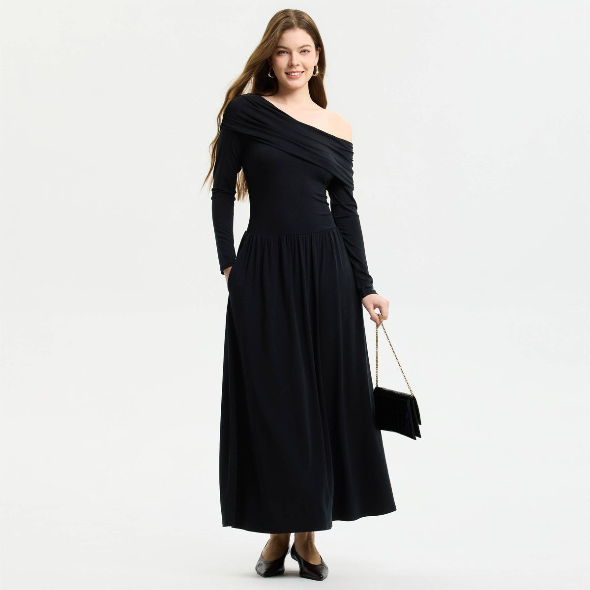 Women's Long Sleeve Midi A-Line Dress - A New Day™ Black - thumbnail 3