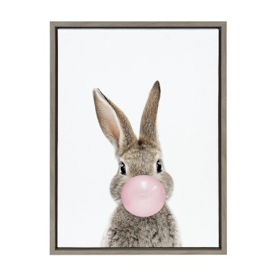 Kate and Laurel Sylvie Bubble Gum Bunny Framed Canvas Wall Art by Amy Peterson Art Studio, 18x24 Gray