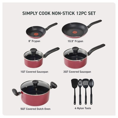 T-Fal 12pc Simply Cook Nonstick Cookware Set Red: Aluminum, Ergonomic Handles, Tempered Glass Lids, Oven-Safe to 350°F ‼️possibly missing items ‼️