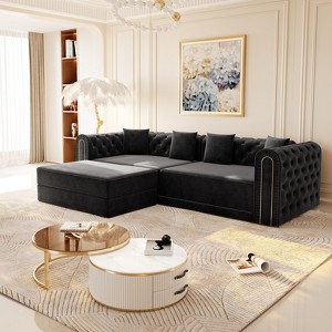 AENKYO 3-in-1 Convertible Sleeper Sofa, 91" L-Shaped Velvet Couch with Movable Ottoman & Gold Trim, Chesterfield Design - 1 of 4