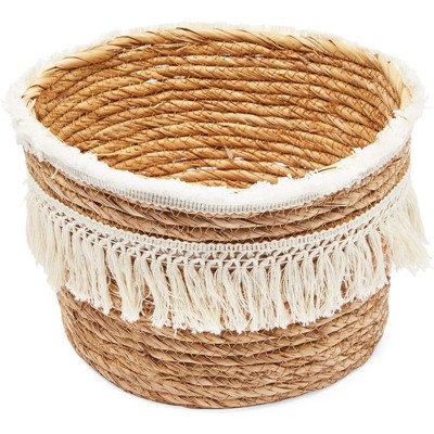 Boho Natural Woven Round Storage Baskets with Fringe, Set of 2