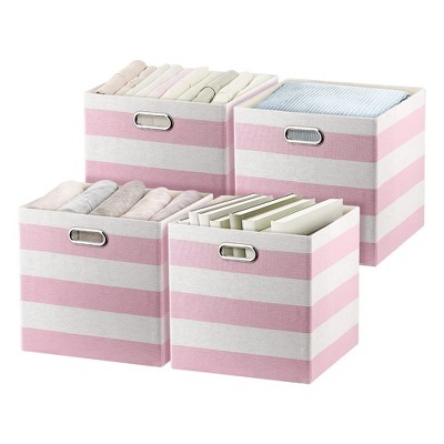 Posprica 13 x 13 Inch Square Collapsible Storage Organization Cube Bins for Nursery, Living Room, Bedroom, or Office, Pink & Cream Striped (4 Pack)