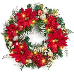 Christmas Wreath for Front Door, 24 In Pre-Lit Christmas Wreath with Faux Flower for Door Fireplace Wall Window, Indoor Outdoor Xmas Decor - 1 of 4