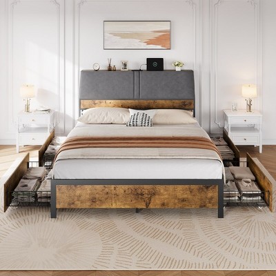 Full Size Bed Frame with Charging Station and 4 Storage Drawers,Metal Platform Bed with Ergonomic Large Storage Headboard, No Box Spring Needed,Brown