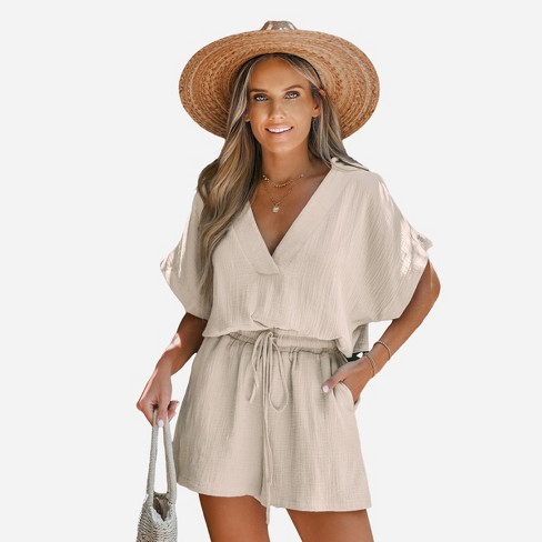 Women‘s Drawstring Plunging V-neck Romper - Cupshe : Target