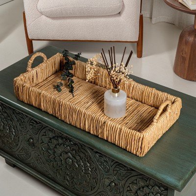 Natural Handwoven Abaca Rectangle Decorative Tray with Handles