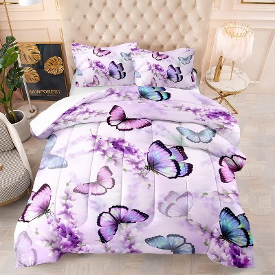 Boersma Lavender Butterfly Comforter Set for Girl Kid Adult Colorful Butterfly Pattern Bedding Set Aesthetics Butterflies Quilt Bed Set Twin Size