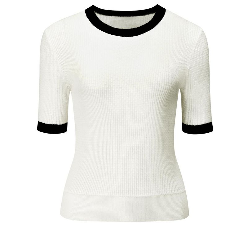 Hobemty Women's Crew Neck Contrast Color Short Sleeve Pullover Fitted Knit Top, 1 of 5