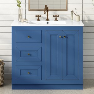 36" Freestanding Bathroom Vanity with Ceramic Sink, Solid Wood Frame Bathroom Storage Cabinet with 2 Drawers & Shelf, Blue - ModernLuxe - 1 of 4