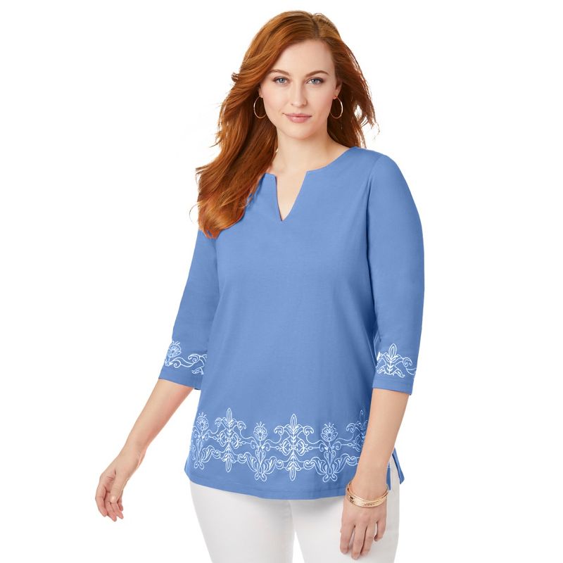 Jessica London Women's Plus Size Embroidered Notch Neck Tunic, 1 of 2