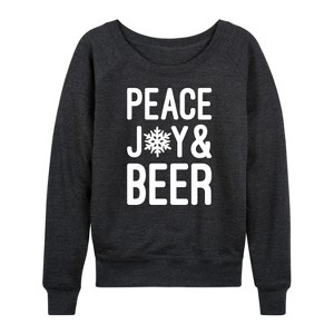 Women's - Instant Message - Christmas Peace Joy And Beer Lightweight French Terry Wide Neck Long Sleeve Graphic Shirt - 1 of 4