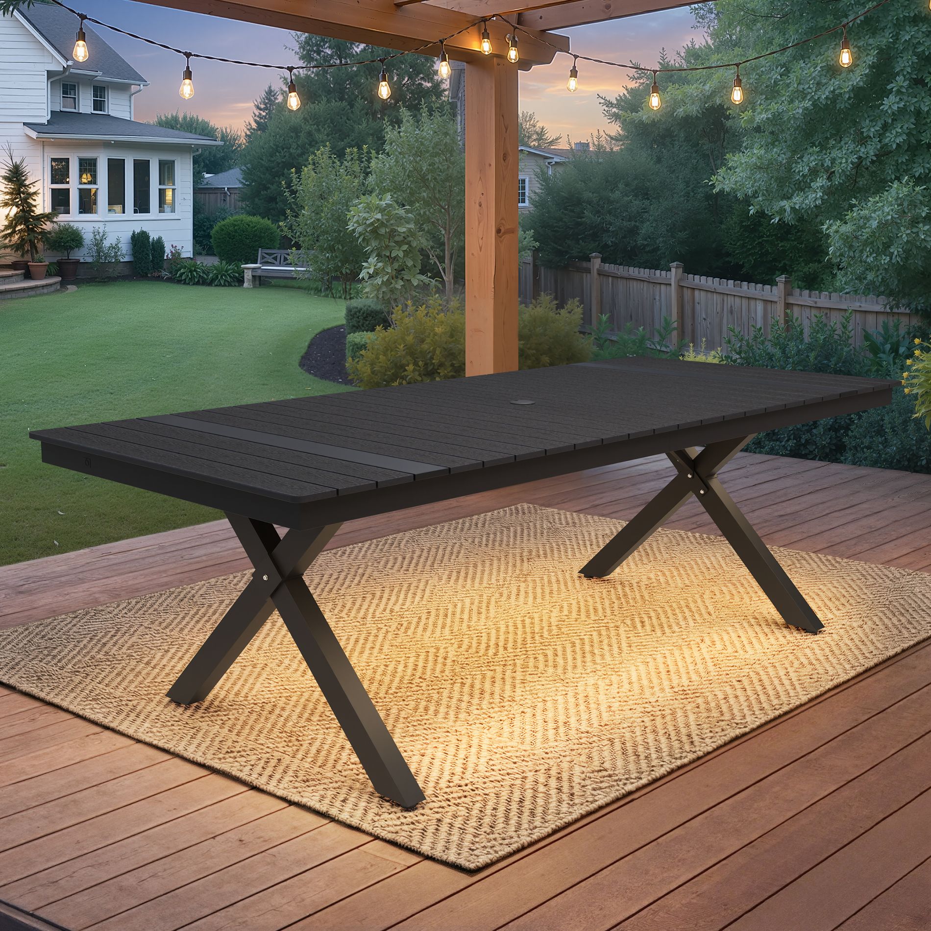 Crestlive Products 94.3-Inch Outdoor Wood-Grain Patio Dining Table Warm Lighting X-Shaped Legs Umbrella Hole Black