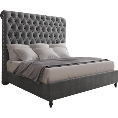 AMERLIFE 60" Tall King Size Bed Frame with Sleigh Headboard Velvet Upholstered Platform Bed, No Box Spring Needed, Light Gray