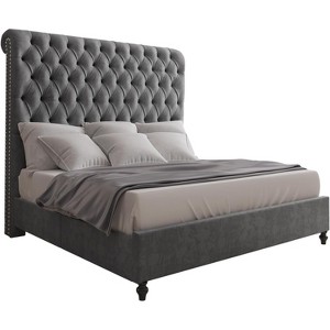 AMERLIFE 60" Tall King Size Bed Frame with Sleigh Headboard Velvet Upholstered Platform Bed, No Box Spring Needed, Light Gray - 1 of 4