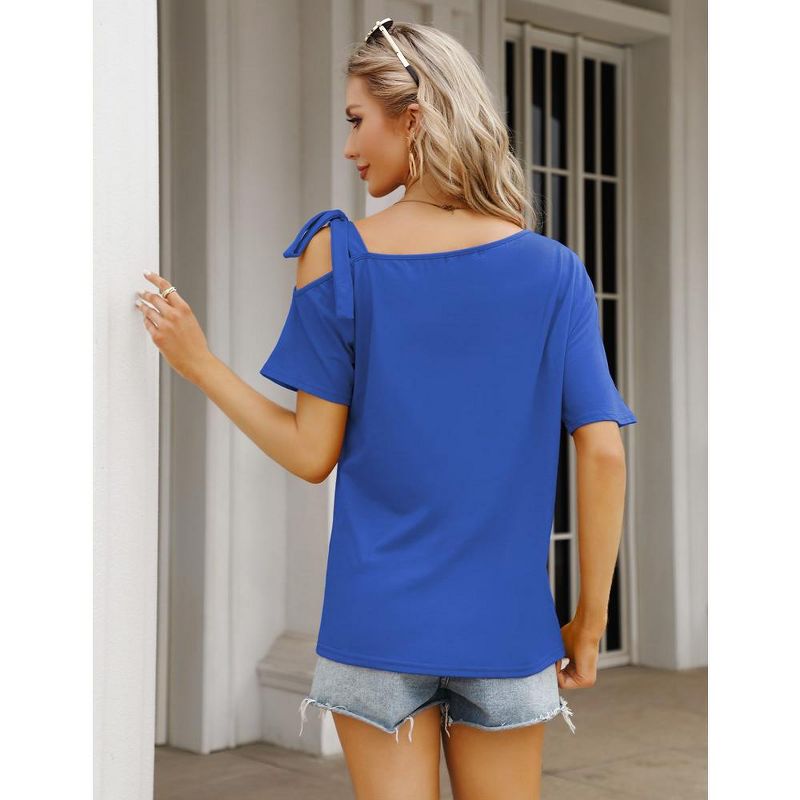 Womens Asymmetric Tee Open Shoulder Shirts One Shoulder Strape Tops Short Sleeve Tee Tops, 3 of 7