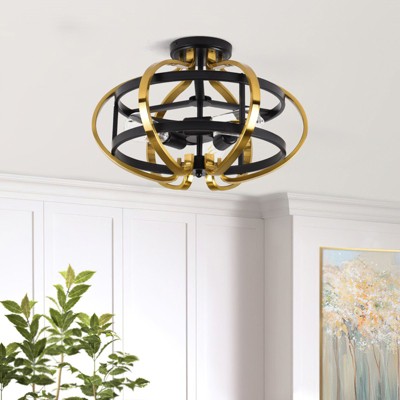 PAKOKULA 3-Light Black and Gold Open Cage Shade Semi-Flush Mount Ceiling Light