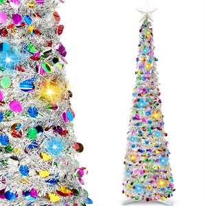 Joyfy 5ft Pop Up Christmas Tree, Collapsible Tinsel Christmas Tree Decorations with Lights and Ball Ornaments, Xmas Decorations Indoor Outdoor - 1 of 4