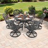 7-Piece Round Cast Aluminum Outdoor Patio Dining Set with Swivel Chairs & Brown Cushions & Umbrella Hole - 2 of 4