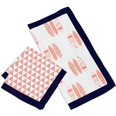 Bacati - Olivia Tribal Print Coral/Navy Feathers/Triangles Muslin 2 pc Security Blankets