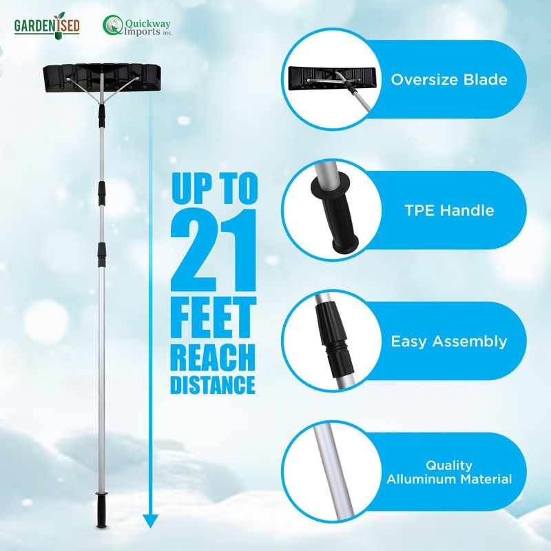 Gardenised  Aluminum Snow & Leaf Removal Tool & Pusher Scraper with 24” Oversized Rolling Blade, Lightweight 5-21’ Telescoping Extendable TPE Handle, 3 of 12