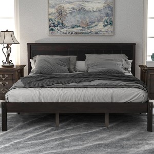 Queen Size Wood Platform Bed Frame with Headboard, Sturdy Slat Support, No Box Spring Required, Espresso Finish - 1 of 4