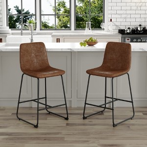 37"H PU Material Modern Minimalist Bar Stools Set of 2 with Footrest and Non-Slip Pads for Kitchen, Bar, or Home - 1 of 4