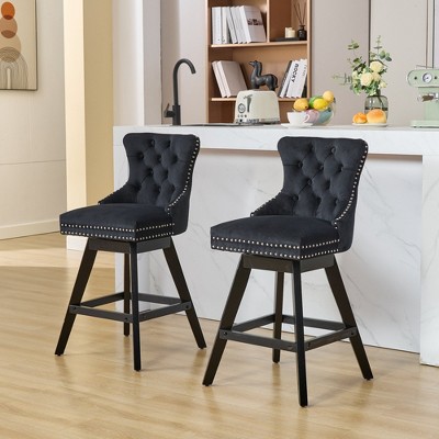 DOMETOUR Swivel Velvet Barstools with Wooden Legs and Chrome Nailhead Trim Button Tufted Bar Chairs Bar Stools Set of 2