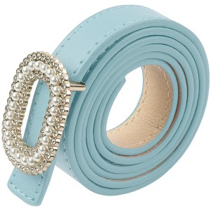 INSPIRE CHIC Women's Faux Leather Thin Belt Ladies Belt with Pearl Rhinestone Buckle for Jeans Pants - 1 of 4