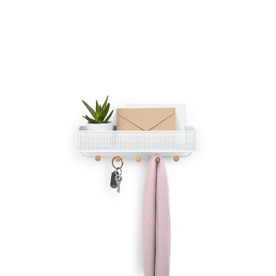 White Steel Wall Organizer with Wooden Knob Hooks