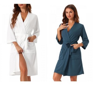 cheibear Women's 2 Pack Waffle Soft Spa & Bath Mid-Length Robes With Pockets & Belt - 1 of 4