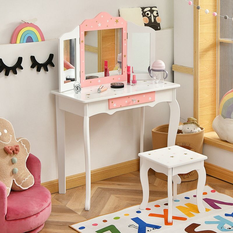 Costway Kids Vanity Princess Makeup Dressing Table Chair Set W/ Tri-folding Mirror, 2 of 11